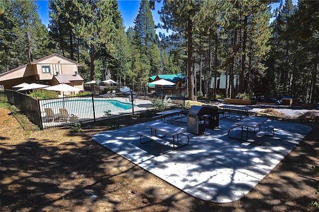 view of swimming pool featuring a grill and a patio