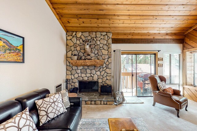 living room with lofted ceiling, a fireplace, wooden ceiling, and carpet