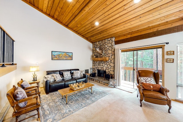 carpeted living room featuring a stone fireplace, high vaulted ceiling, and wood ceiling