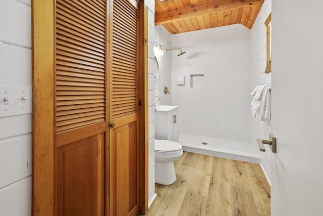 bathroom featuring wood ceiling, walk in shower, toilet, vanity, and hardwood / wood-style flooring