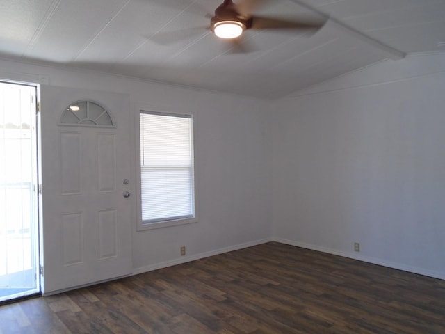 entryway with ceiling fan, lofted ceiling, and dark wood-type flooring