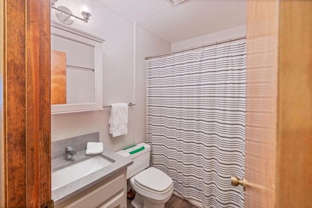 bathroom with vanity, curtained shower, and toilet