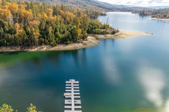 property view of water featuring a mountain view and a boat dock