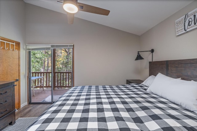 bedroom featuring hardwood / wood-style flooring, lofted ceiling, access to outside, and ceiling fan