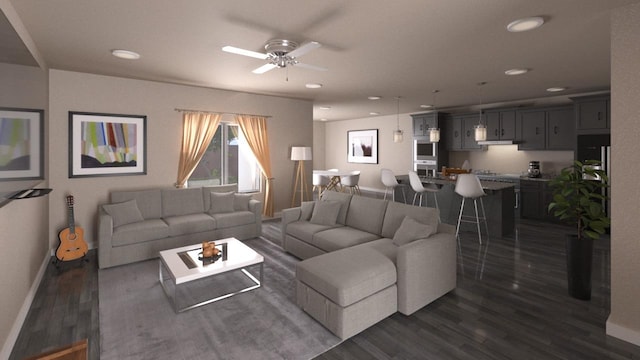 living room with ceiling fan and dark hardwood / wood-style flooring