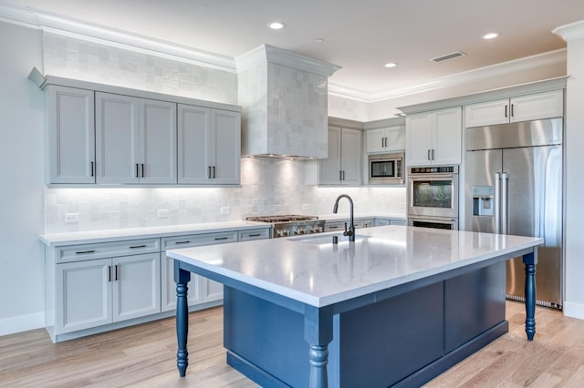 kitchen with built in appliances, a sink, visible vents, light wood-style floors, and crown molding