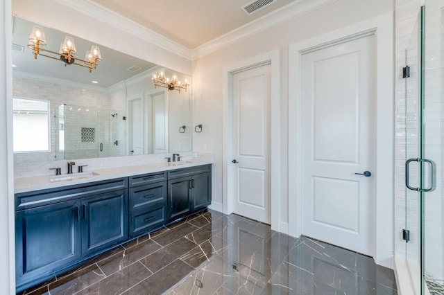 full bathroom featuring crown molding, a stall shower, visible vents, and a sink