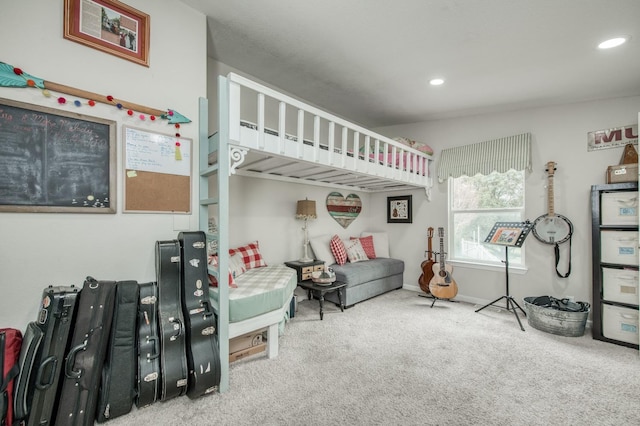 carpeted bedroom featuring recessed lighting and baseboards