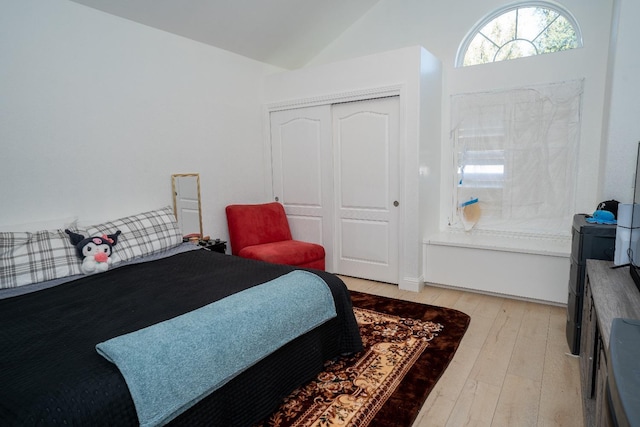 bedroom featuring vaulted ceiling, light wood-type flooring, and a closet