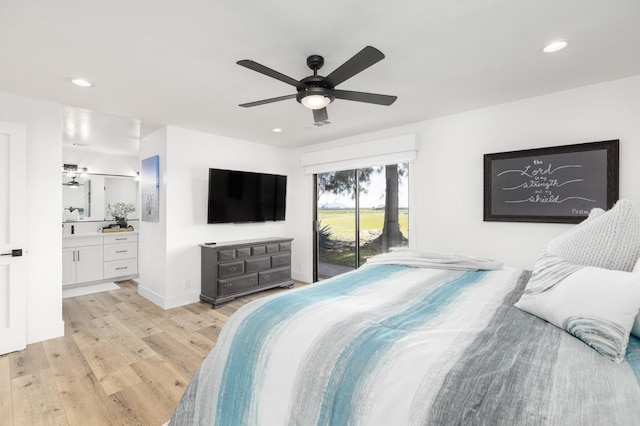 bedroom with ceiling fan, access to outside, ensuite bathroom, and light hardwood / wood-style floors