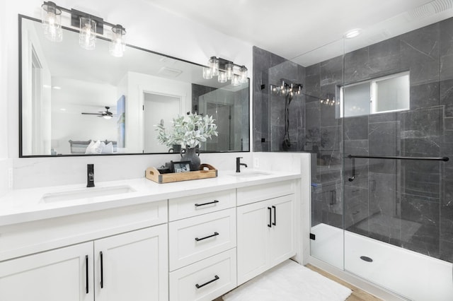 bathroom with walk in shower and vanity