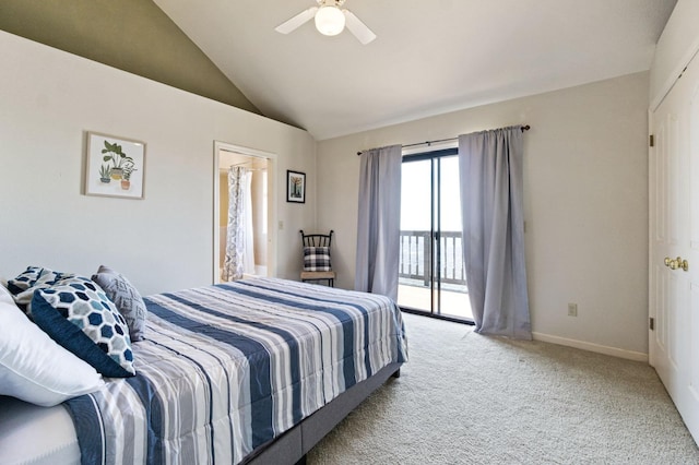 carpeted bedroom with ceiling fan, vaulted ceiling, and access to outside