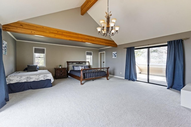 bedroom with access to outside, a chandelier, lofted ceiling with beams, and light colored carpet