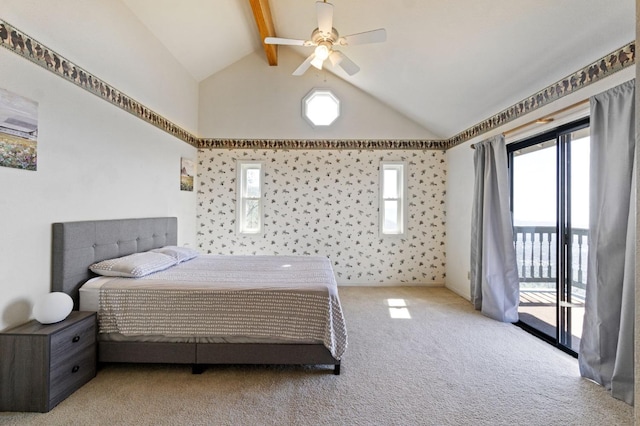 carpeted bedroom featuring access to outside, beam ceiling, high vaulted ceiling, and ceiling fan