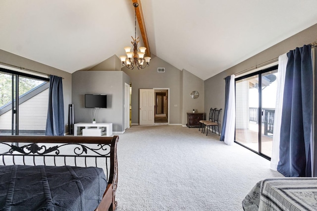 carpeted bedroom with access to exterior, a notable chandelier, and vaulted ceiling with beams