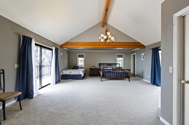 carpeted bedroom with vaulted ceiling with beams and a chandelier