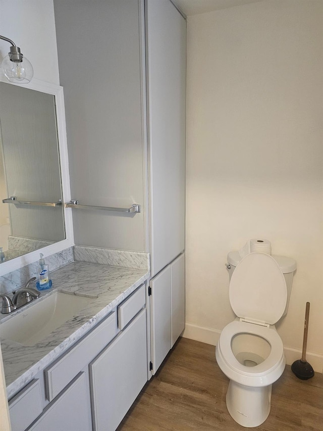 bathroom with hardwood / wood-style floors, vanity, and toilet