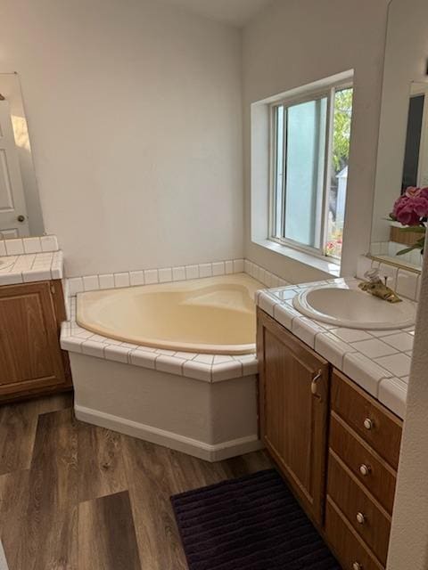 bathroom featuring vanity, wood-type flooring, and a bathing tub