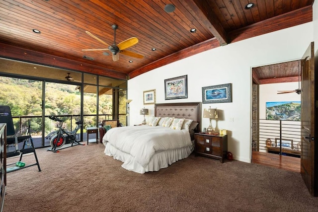 bedroom featuring wooden ceiling, dark colored carpet, ceiling fan, and multiple windows