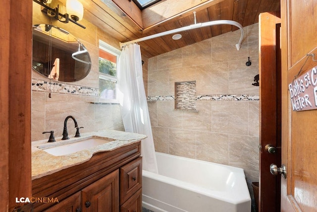 bathroom featuring lofted ceiling with skylight, tile walls, wood ceiling, vanity, and shower / bathtub combination with curtain