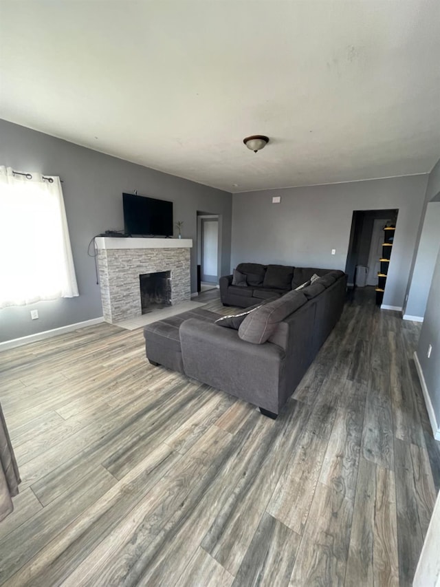 living room featuring hardwood / wood-style floors and a stone fireplace