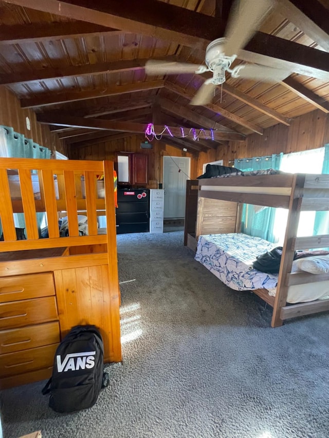 unfurnished bedroom featuring lofted ceiling with beams, wooden ceiling, carpet floors, and wooden walls