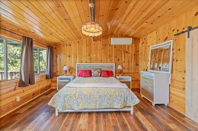 bedroom with wooden ceiling, lofted ceiling, hardwood / wood-style flooring, and a barn door