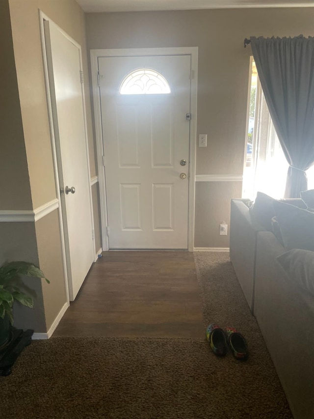 foyer with a healthy amount of sunlight and dark hardwood / wood-style flooring