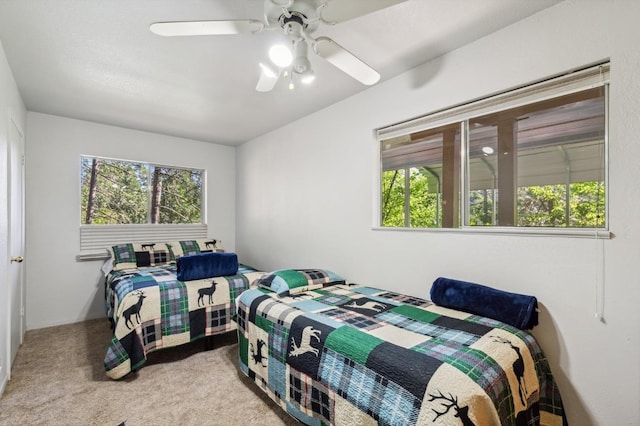 bedroom featuring multiple windows, a ceiling fan, and carpet