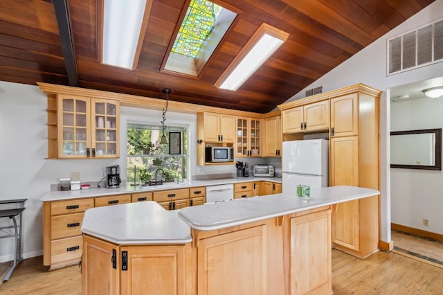 kitchen featuring lofted ceiling, light brown cabinetry, white appliances, visible vents, and wood ceiling