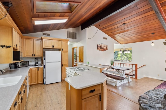 kitchen featuring sink, hanging light fixtures, white appliances, lofted ceiling with skylight, and wooden ceiling