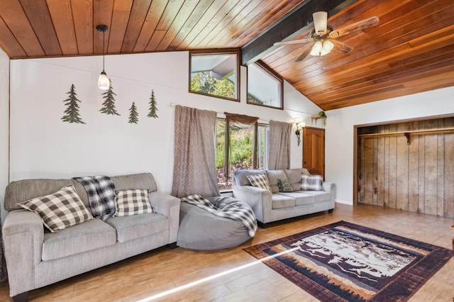 living room featuring ceiling fan, lofted ceiling with beams, hardwood / wood-style floors, and wooden ceiling