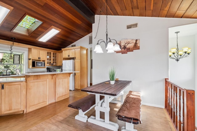 dining room featuring light wood-type flooring, a chandelier, a skylight, and wooden ceiling