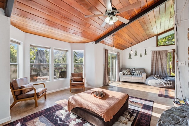 living room with plenty of natural light, ceiling fan, wooden ceiling, and hardwood / wood-style floors