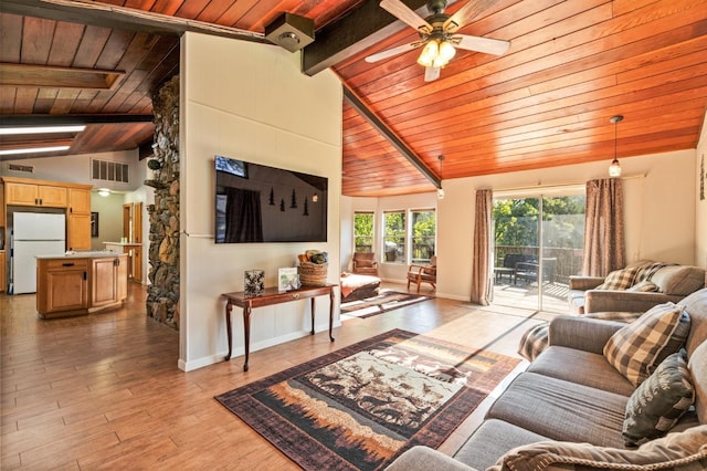 living room with ceiling fan, wood ceiling, beam ceiling, light hardwood / wood-style flooring, and high vaulted ceiling