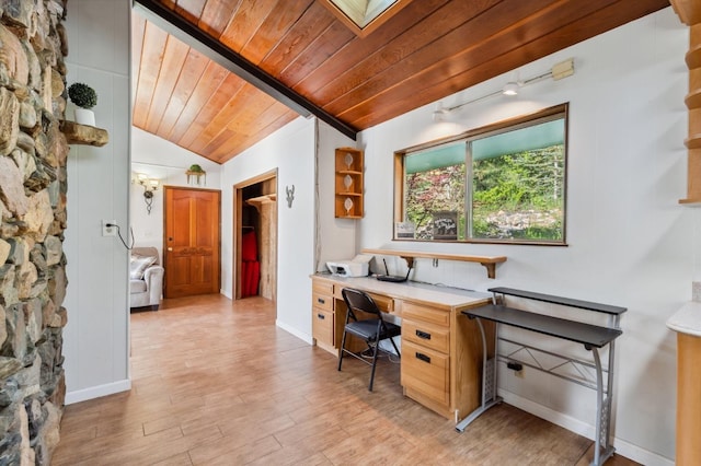 office featuring vaulted ceiling, built in study area, wood ceiling, and light wood-type flooring