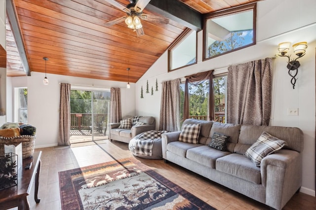 living room featuring wood ceiling, ceiling fan, beamed ceiling, and high vaulted ceiling