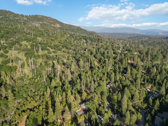 bird's eye view featuring a forest view and a mountain view