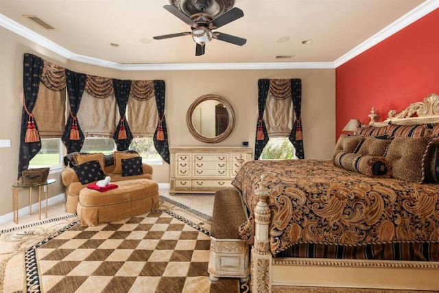 carpeted bedroom featuring ornamental molding, visible vents, and baseboards