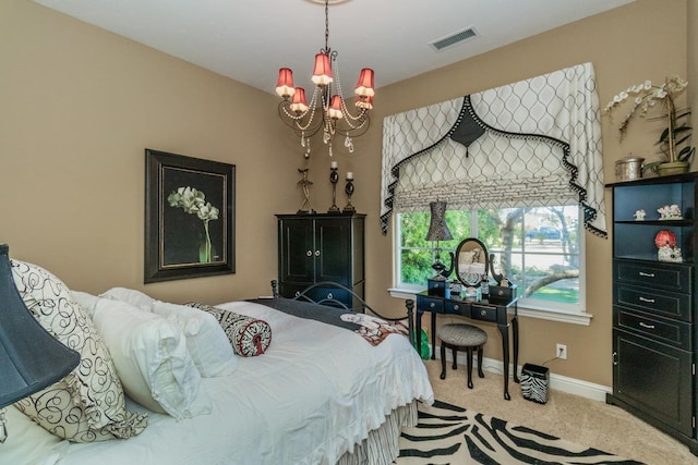 carpeted bedroom with an inviting chandelier, baseboards, and visible vents