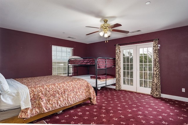 bedroom featuring ceiling fan, french doors, and carpet flooring