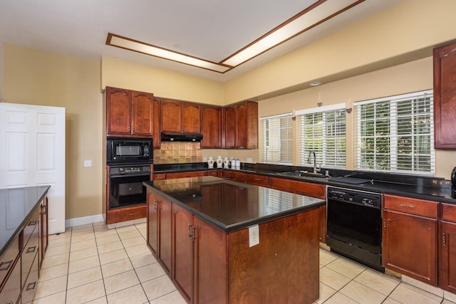 kitchen with a kitchen island, fume extractor, black appliances, sink, and light tile floors