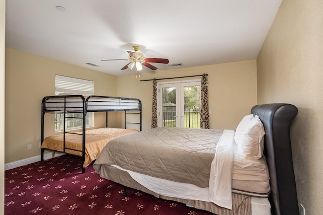 bedroom with ceiling fan, french doors, carpet flooring, and access to outside