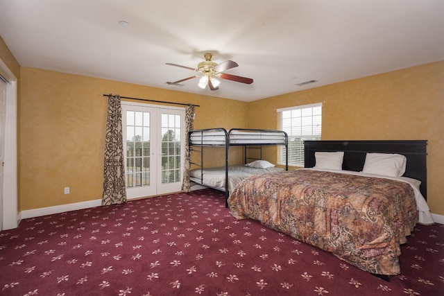 bedroom with french doors, carpet flooring, and ceiling fan