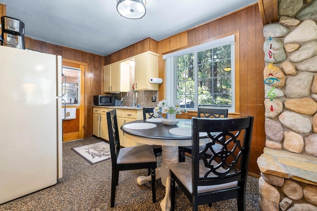 interior space featuring sink and wood walls