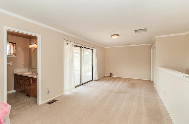 empty room with sink, light colored carpet, and ornamental molding