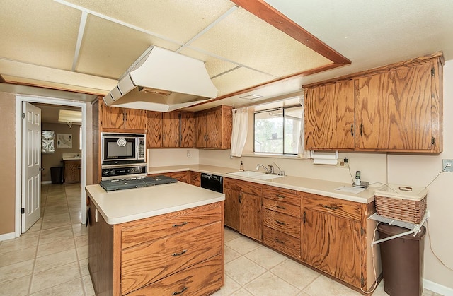 kitchen with dishwasher, sink, light tile patterned flooring, ventilation hood, and a kitchen island