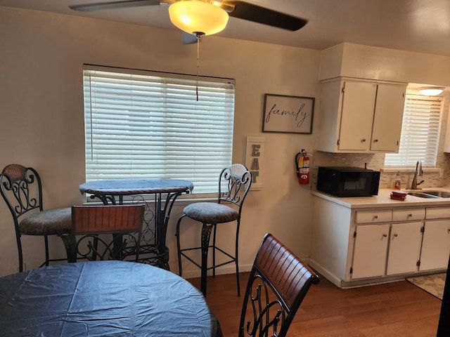 kitchen with white cabinetry, sink, hardwood / wood-style floors, and ceiling fan