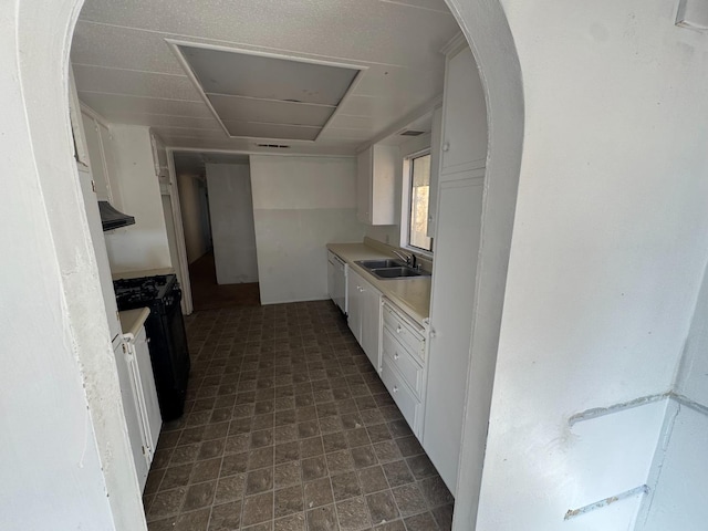 kitchen with dishwasher, black range with gas stovetop, sink, white cabinetry, and exhaust hood