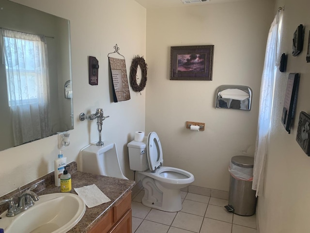 bathroom with tile flooring, vanity, and toilet